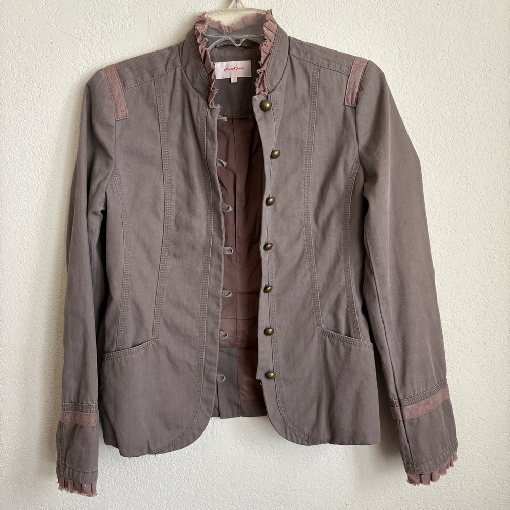Jackpot Brand Women's Light Brown Military Style Jacket with Ruffle Trim, Sz. 1